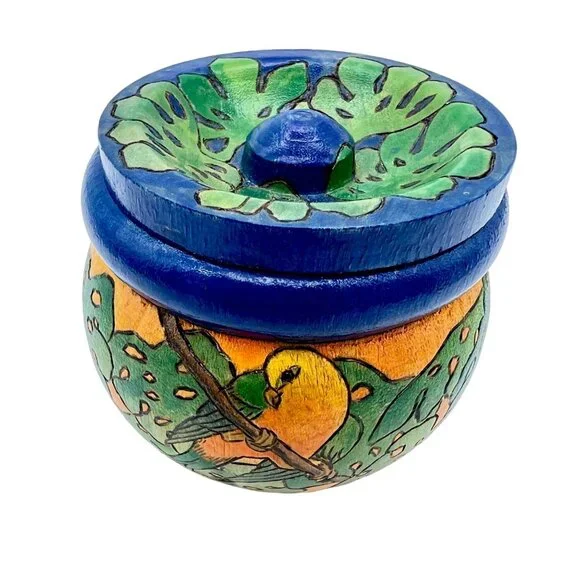 Hand-Painted Wooden Trinket Box Jar With Lid Parrot Paradise By C. Chan 2.5" H - Picture 2 of 9